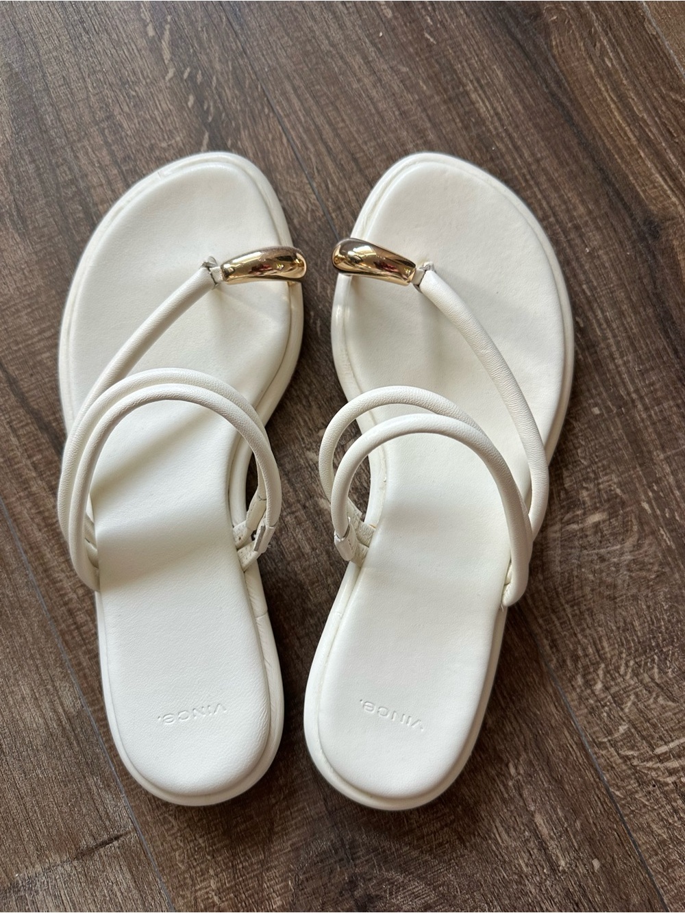 Vince White Strappy Toe-Post Sandals with Gold Accent